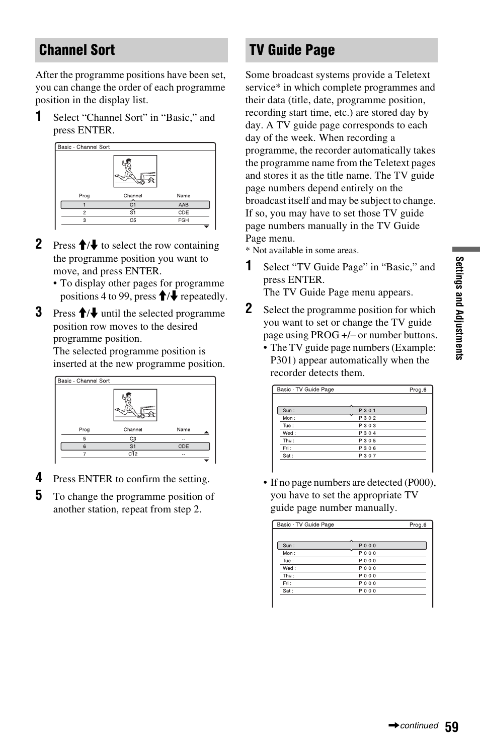 Channel sort, Channel sort tv guide page | Sony RDR-GX120 User Manual | Page 59 / 88