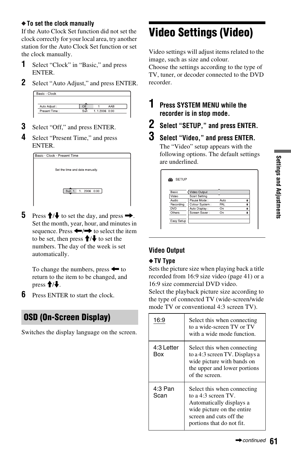 Osd (on-screen display), Video settings (video) | Sony RDR-GX120 User Manual | Page 61 / 88