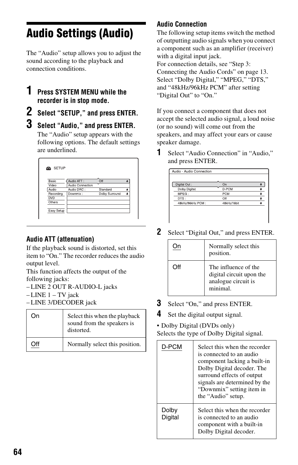 Audio settings (audio) | Sony RDR-GX120 User Manual | Page 64 / 88