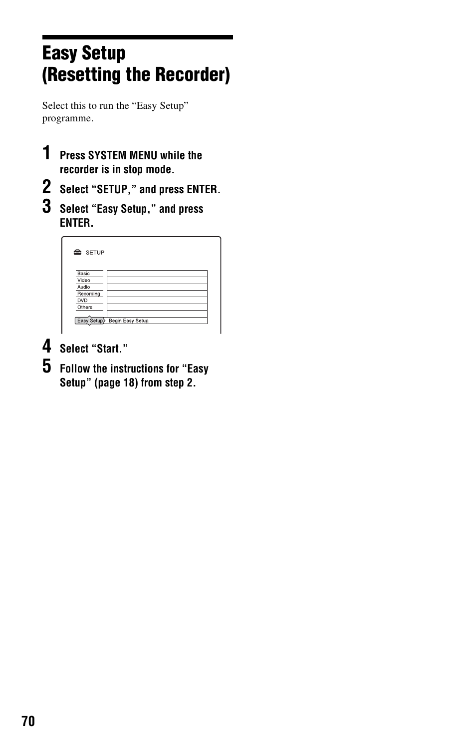 Easy setup (resetting the recorder) | Sony RDR-GX120 User Manual | Page 70 / 88