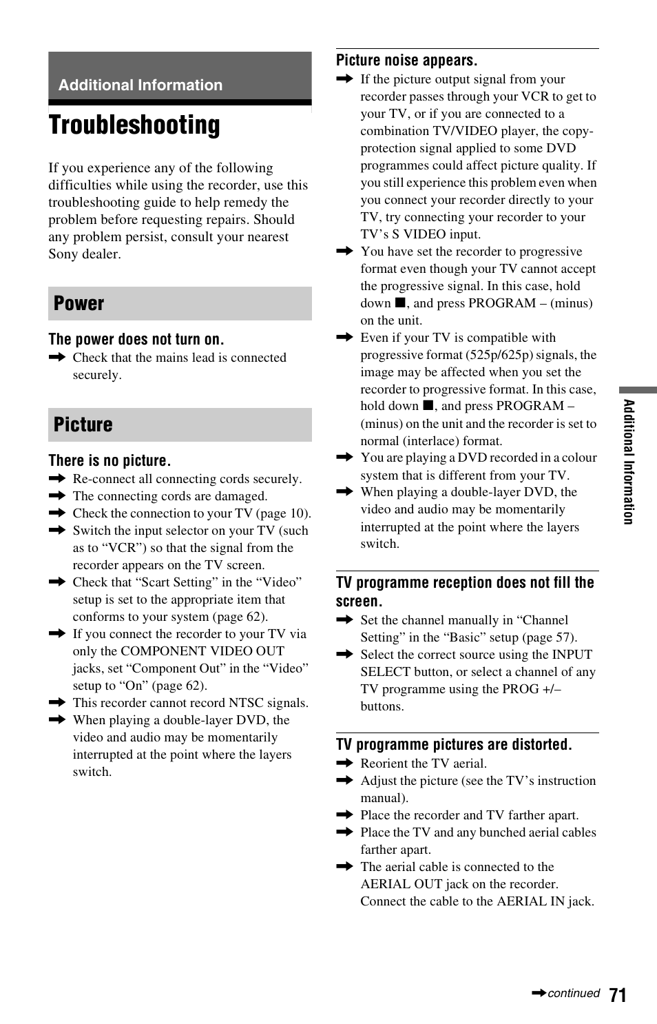 Additional information, Troubleshooting, Power picture | Sony RDR-GX120 User Manual | Page 71 / 88