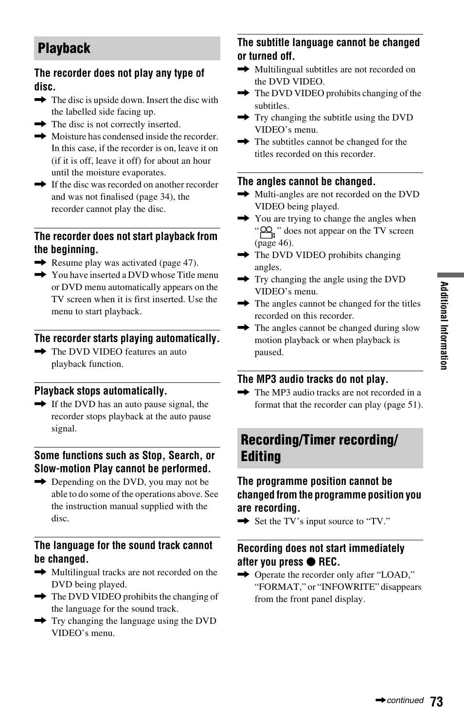 Playback recording/timer recording/ editing | Sony RDR-GX120 User Manual | Page 73 / 88