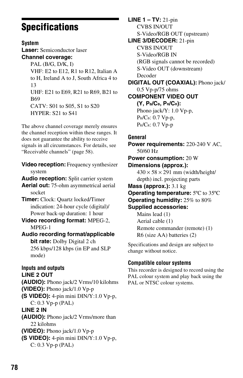 Specifications | Sony RDR-GX120 User Manual | Page 78 / 88