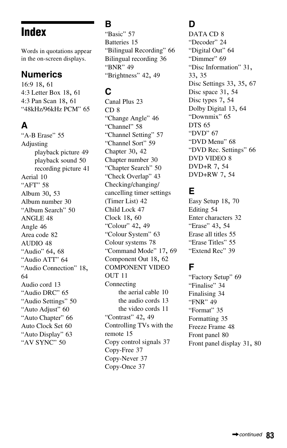 Index, Numerics | Sony RDR-GX120 User Manual | Page 83 / 88