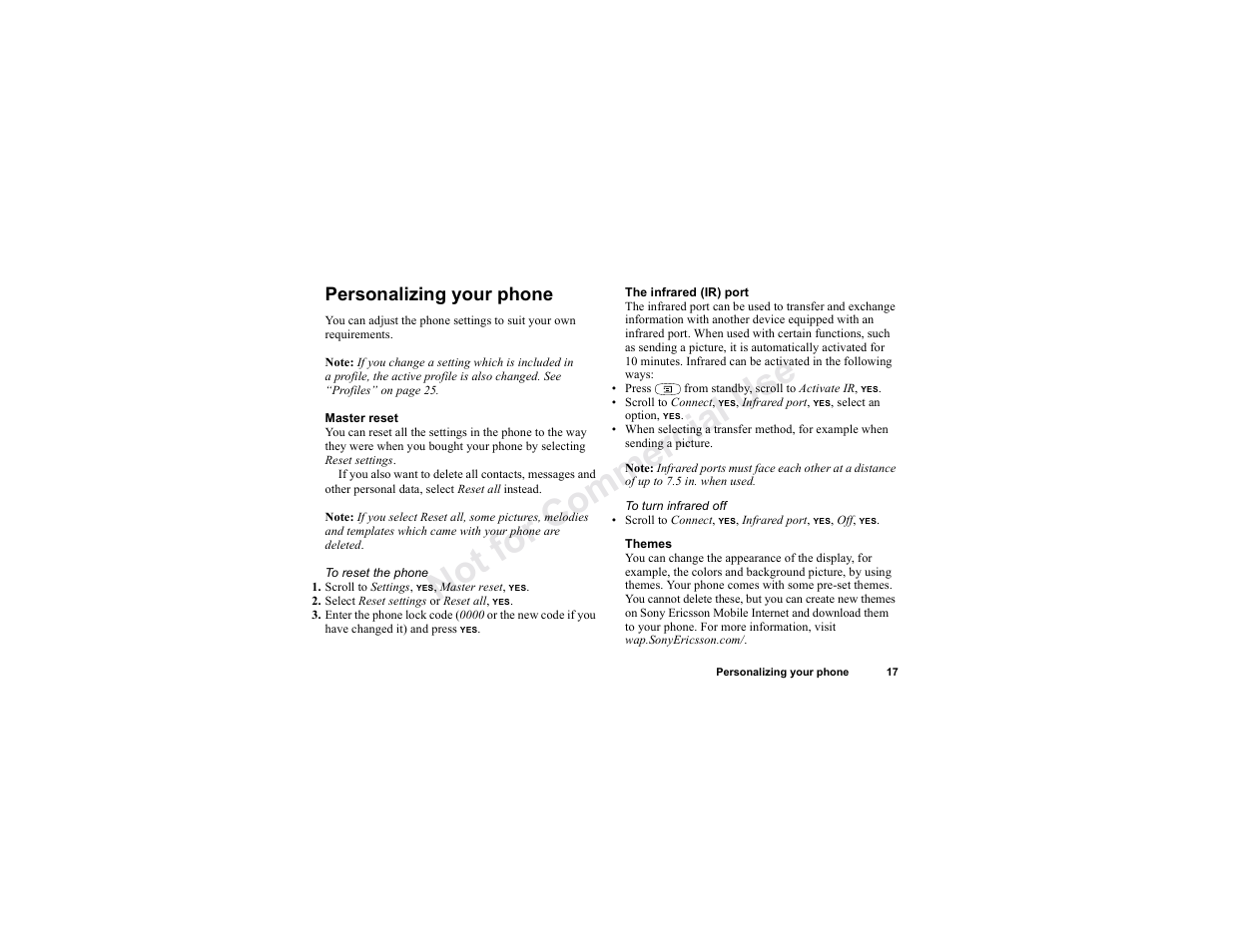 Personalizing your phone, Personalizing your phone 17, N o t fo r c om me rci al u se | Sony T300 User Manual | Page 15 / 83