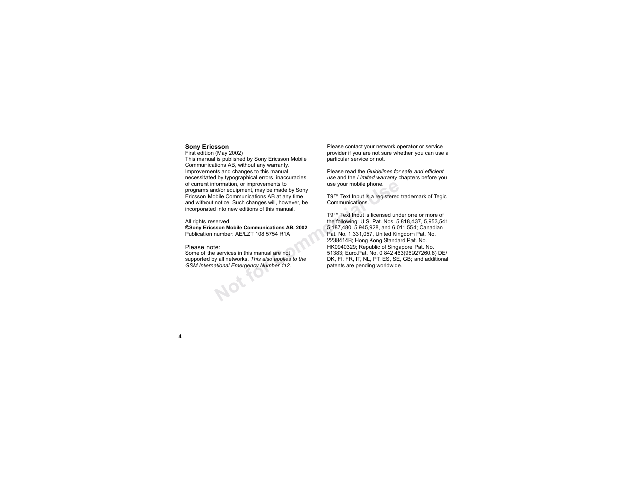 No t fo r c om me rci al u se | Sony T300 User Manual | Page 2 / 83