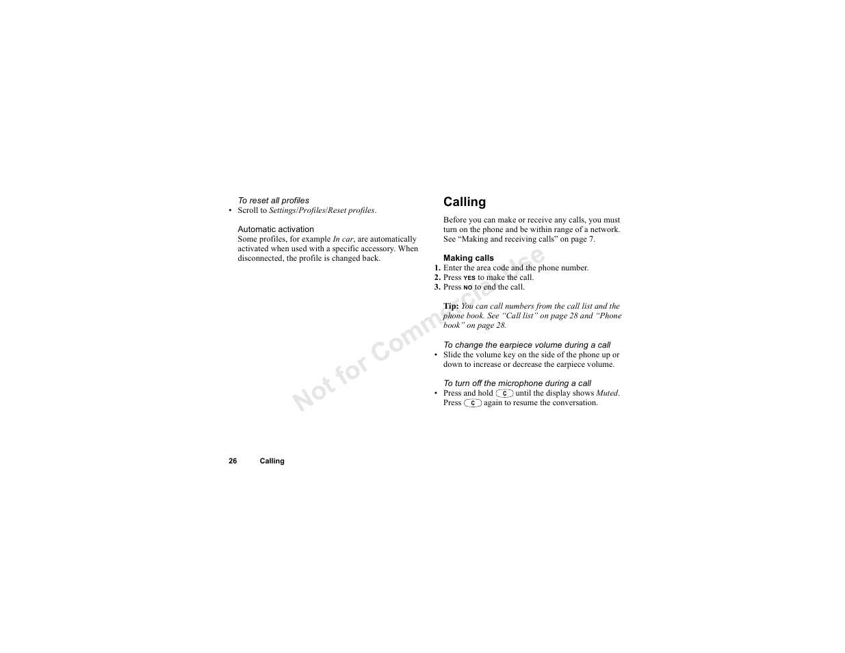 Calling, Calling 26, No t fo r c om m e rci al u se | Sony T300 User Manual | Page 24 / 83