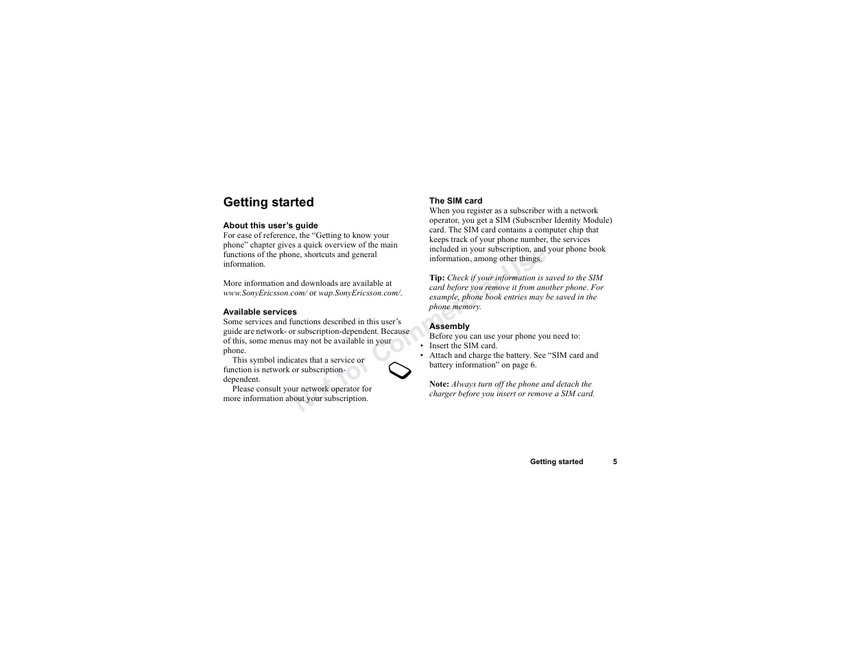 Getting started, Getting started 5, No t fo r c om me rci al u se | Sony T300 User Manual | Page 3 / 83