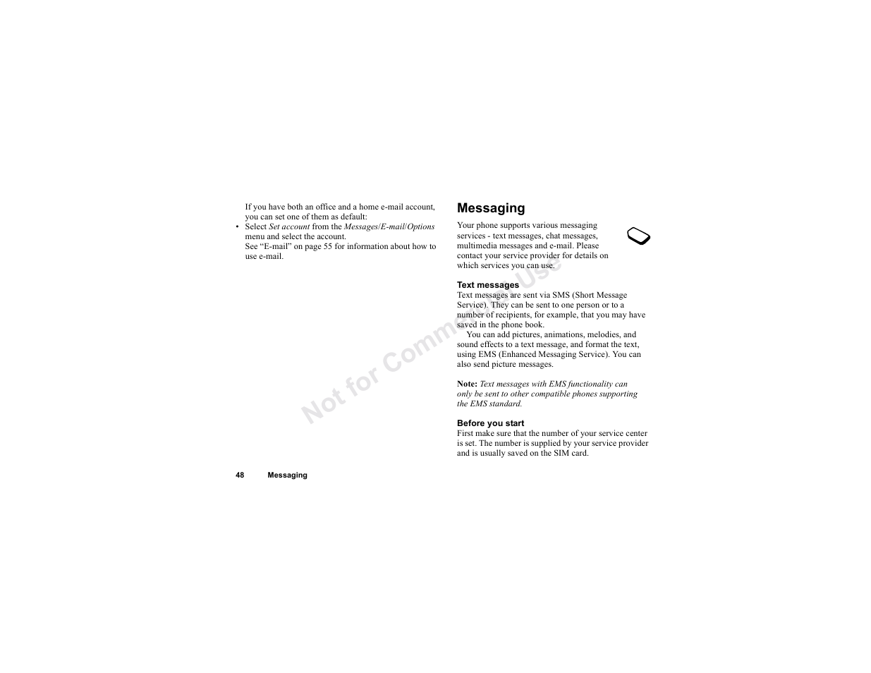 Messaging, Messaging 48, No t fo r c om me rci al u se | Sony T300 User Manual | Page 46 / 83