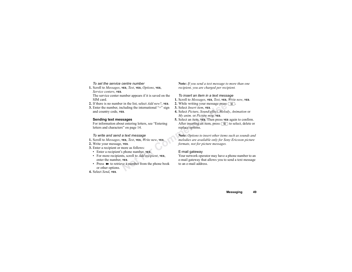 Sending text, No t fo r c om me rci al u s e | Sony T300 User Manual | Page 47 / 83