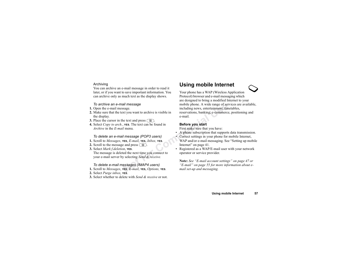 Using mobile internet, Using mobile internet 57, E “using mobile internet” on | N o t fo r c om me rci al u se | Sony T300 User Manual | Page 55 / 83