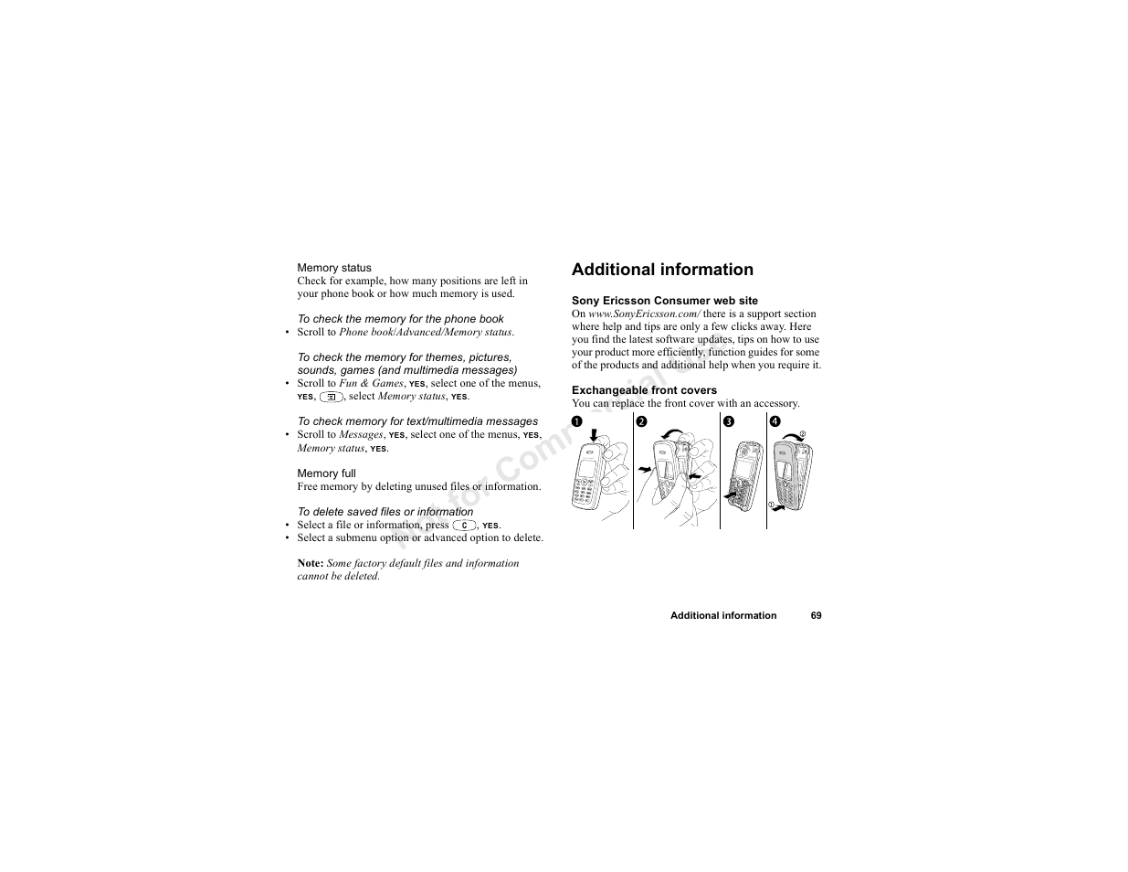 Additional information, Additional information 69, No t fo r c om me rci al u se | Sony T300 User Manual | Page 67 / 83