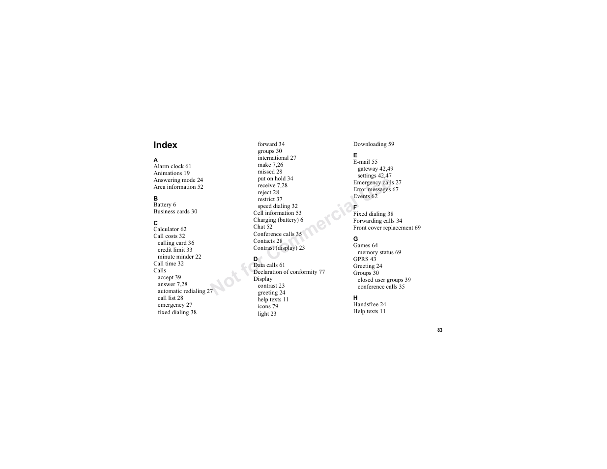 Index, Index 83 | Sony T300 User Manual | Page 81 / 83