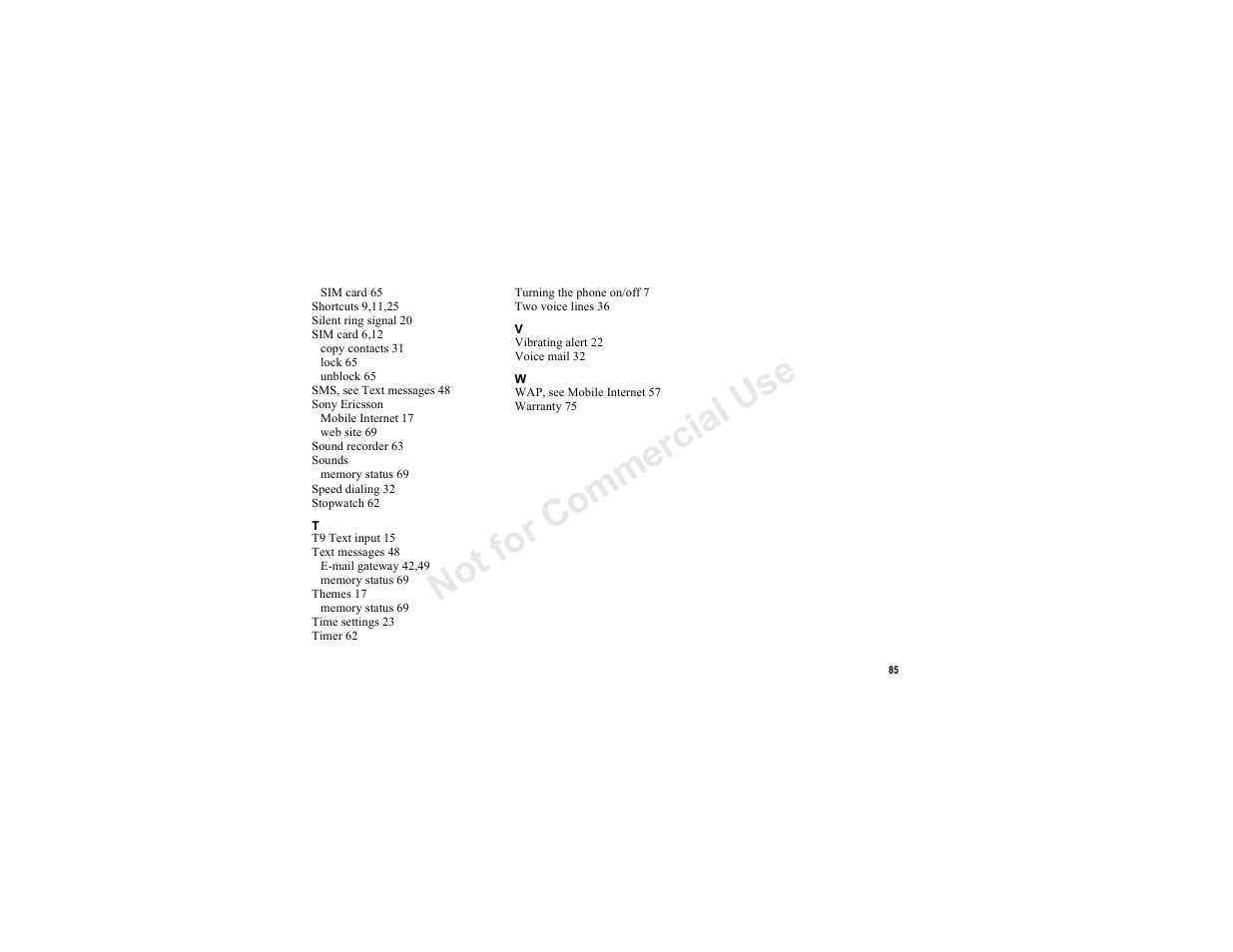 N o t fo r c om me rci al u se | Sony T300 User Manual | Page 83 / 83