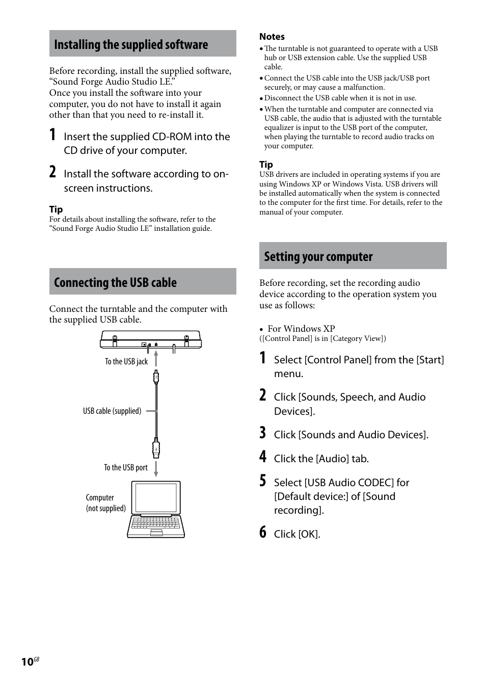 Installing the supplied software, Connecting the usb cable, Setting your computer | Sony Stereo Turntable System PS-LX300USB User Manual | Page 10 / 20