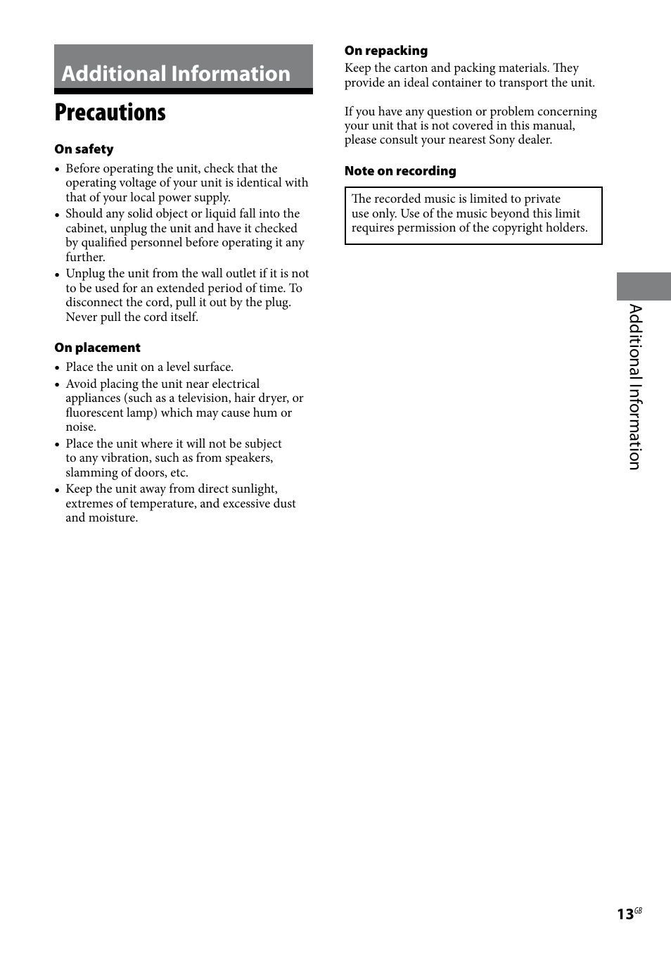 Additional information, Precautions, Additional i nf or ma tion | Sony Stereo Turntable System PS-LX300USB User Manual | Page 13 / 20