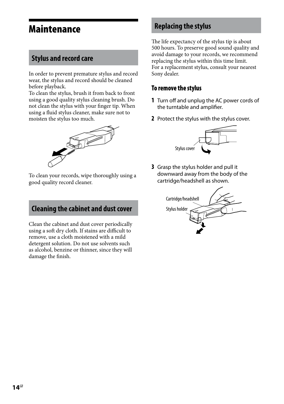 Maintenance, Stylus and record care, Cleaning the cabinet and dust cover | Replacing the stylus | Sony Stereo Turntable System PS-LX300USB User Manual | Page 14 / 20