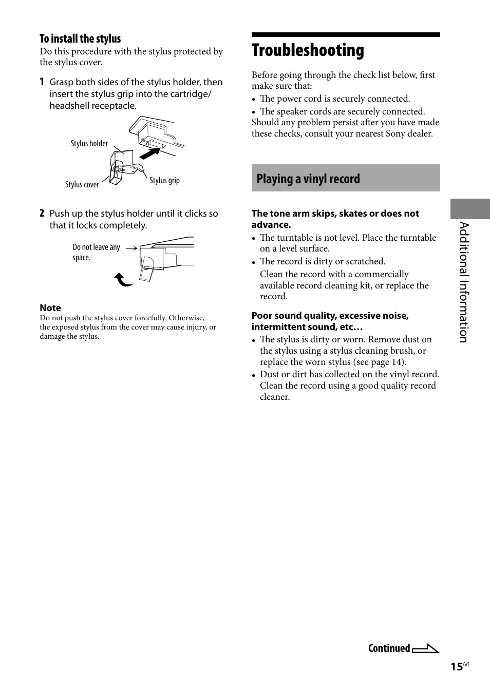 Troubleshooting, Playing a vinyl record, Additional i nf or ma tion | Sony Stereo Turntable System PS-LX300USB User Manual | Page 15 / 20