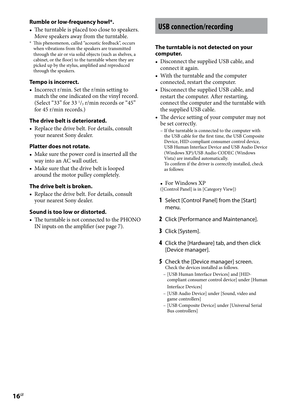 Usb connection/recording | Sony Stereo Turntable System PS-LX300USB User Manual | Page 16 / 20