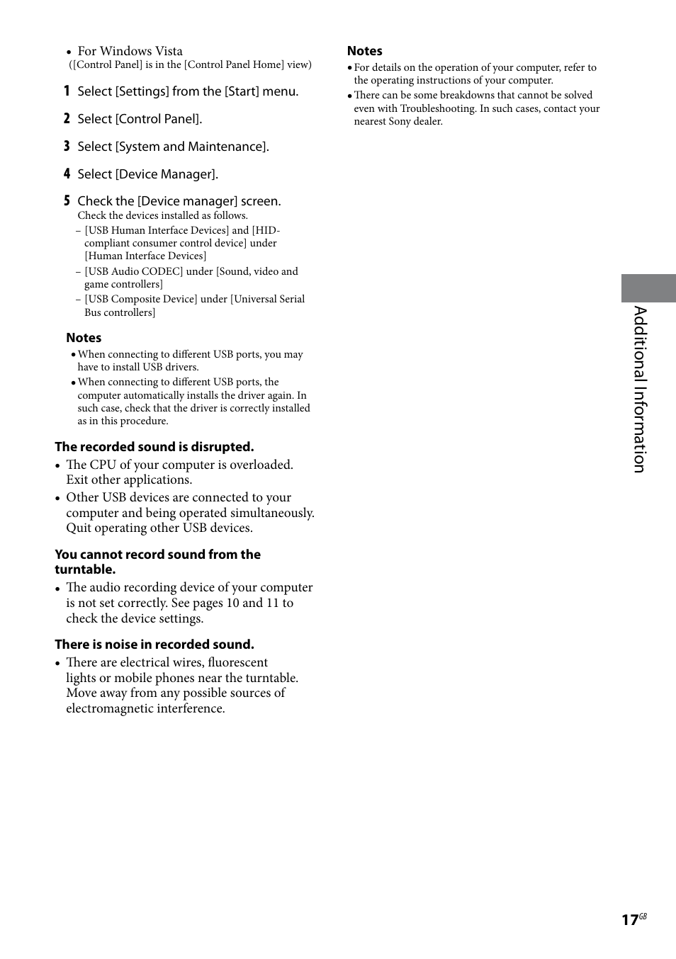 Additional i nf or ma tion | Sony Stereo Turntable System PS-LX300USB User Manual | Page 17 / 20