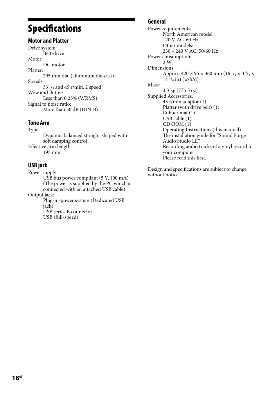 Specifications, Motor and platter, Tone arm | Usb jack, General | Sony Stereo Turntable System PS-LX300USB User Manual | Page 18 / 20