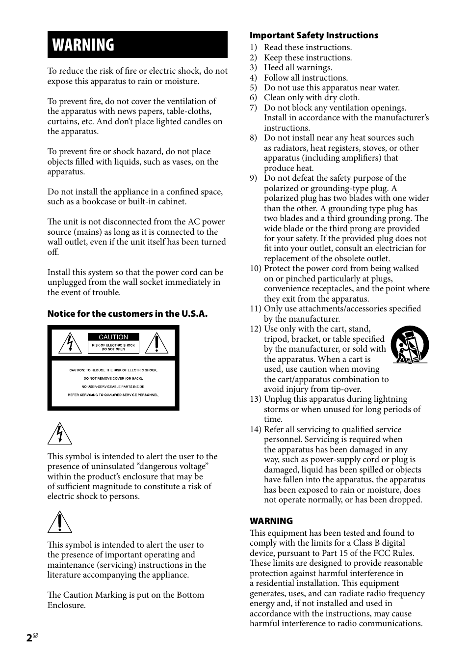 Warning | Sony Stereo Turntable System PS-LX300USB User Manual | Page 2 / 20