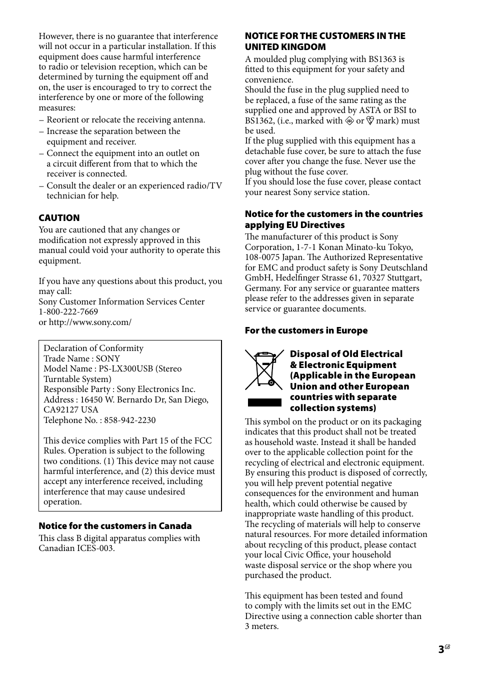 Sony Stereo Turntable System PS-LX300USB User Manual | Page 3 / 20