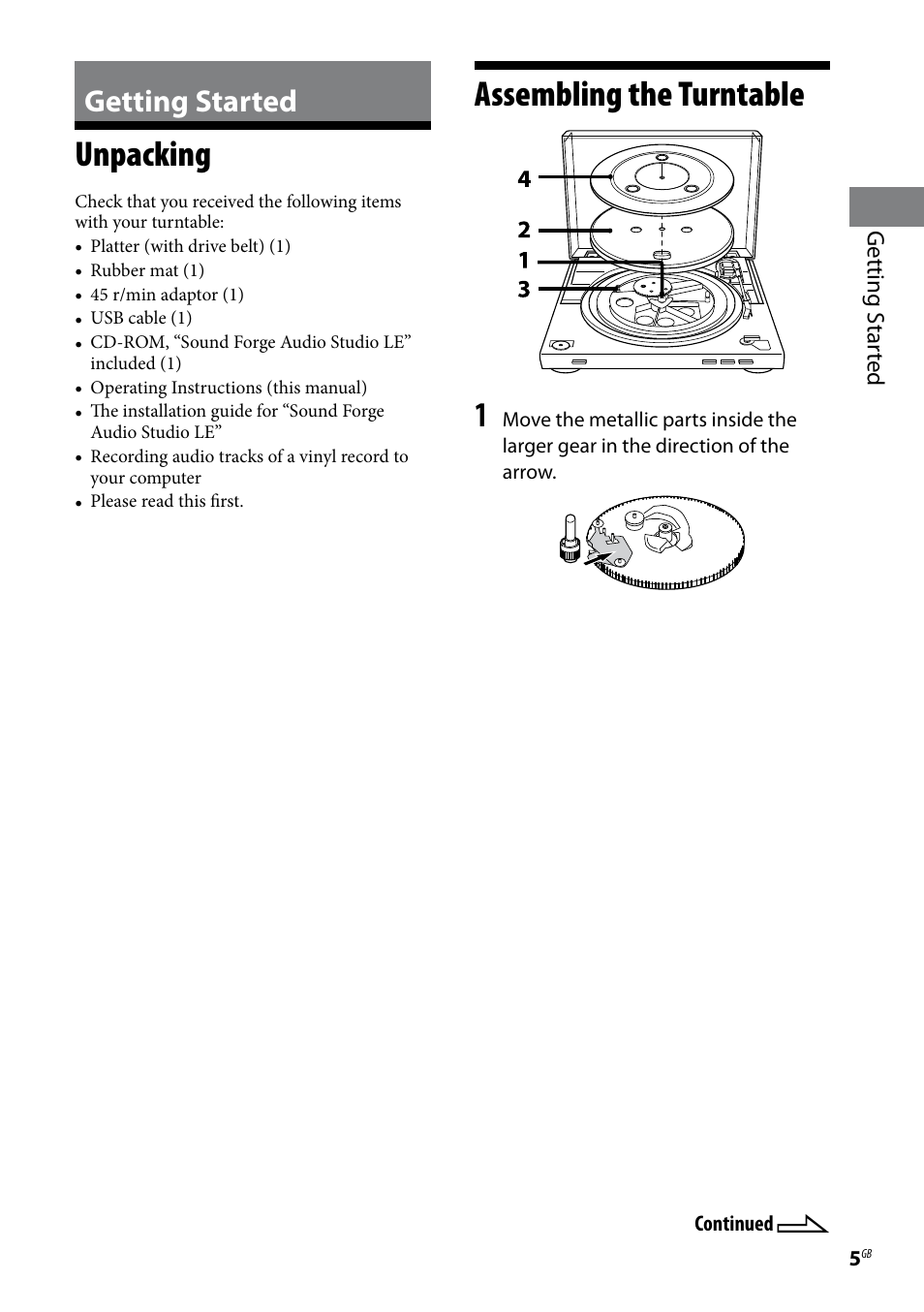 Getting started, Unpacking, Assembling the turntable | Unpacking assembling the turntable, Assembling the turntable 1, Getting s tar ted | Sony Stereo Turntable System PS-LX300USB User Manual | Page 5 / 20