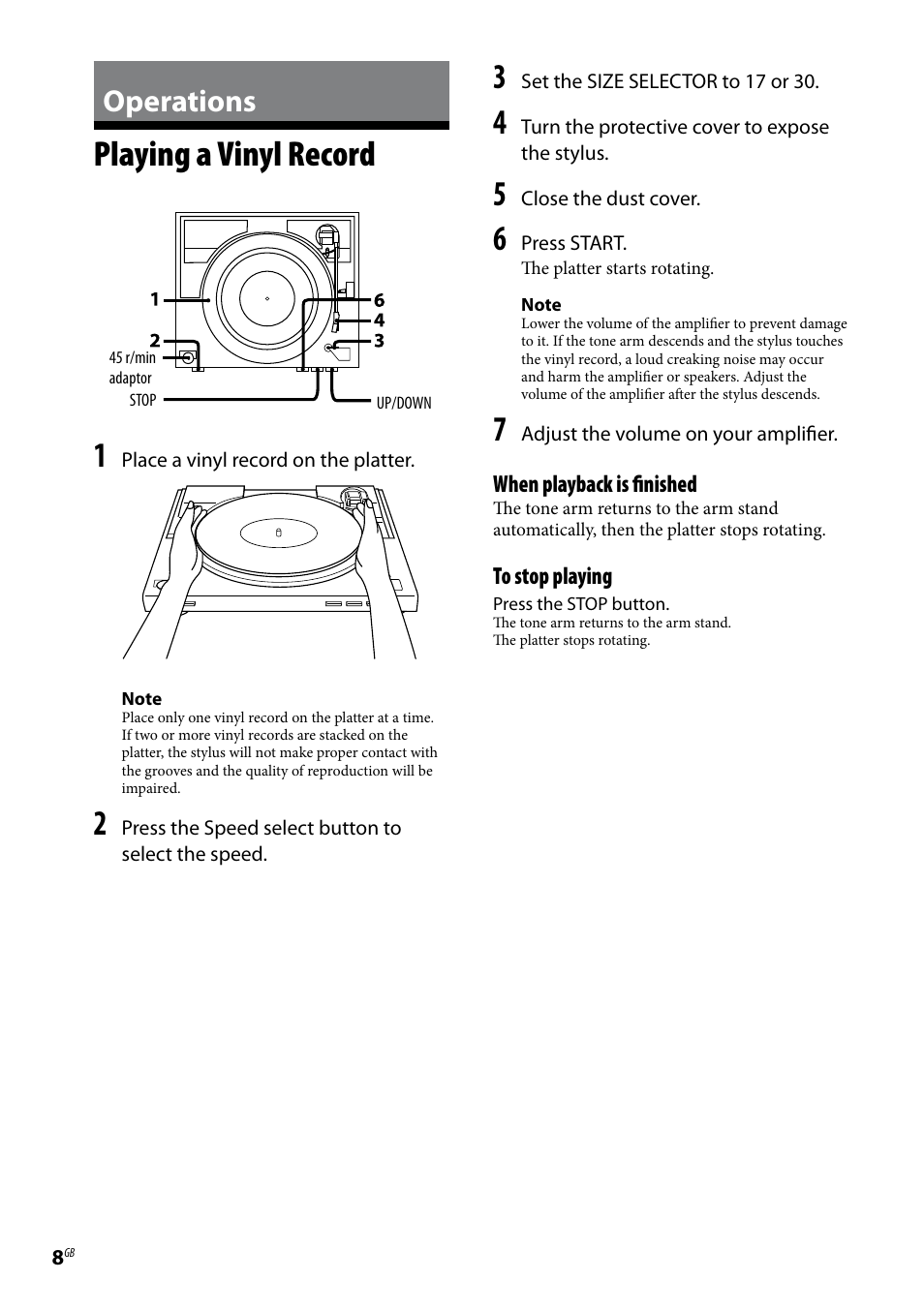 Operations, Playing a vinyl record | Sony Stereo Turntable System PS-LX300USB User Manual | Page 8 / 20