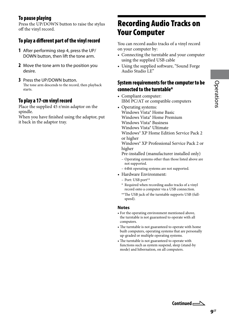 Recording audio tracks on your computer, Recording audio tracks on, Your computer | Oper ations | Sony Stereo Turntable System PS-LX300USB User Manual | Page 9 / 20