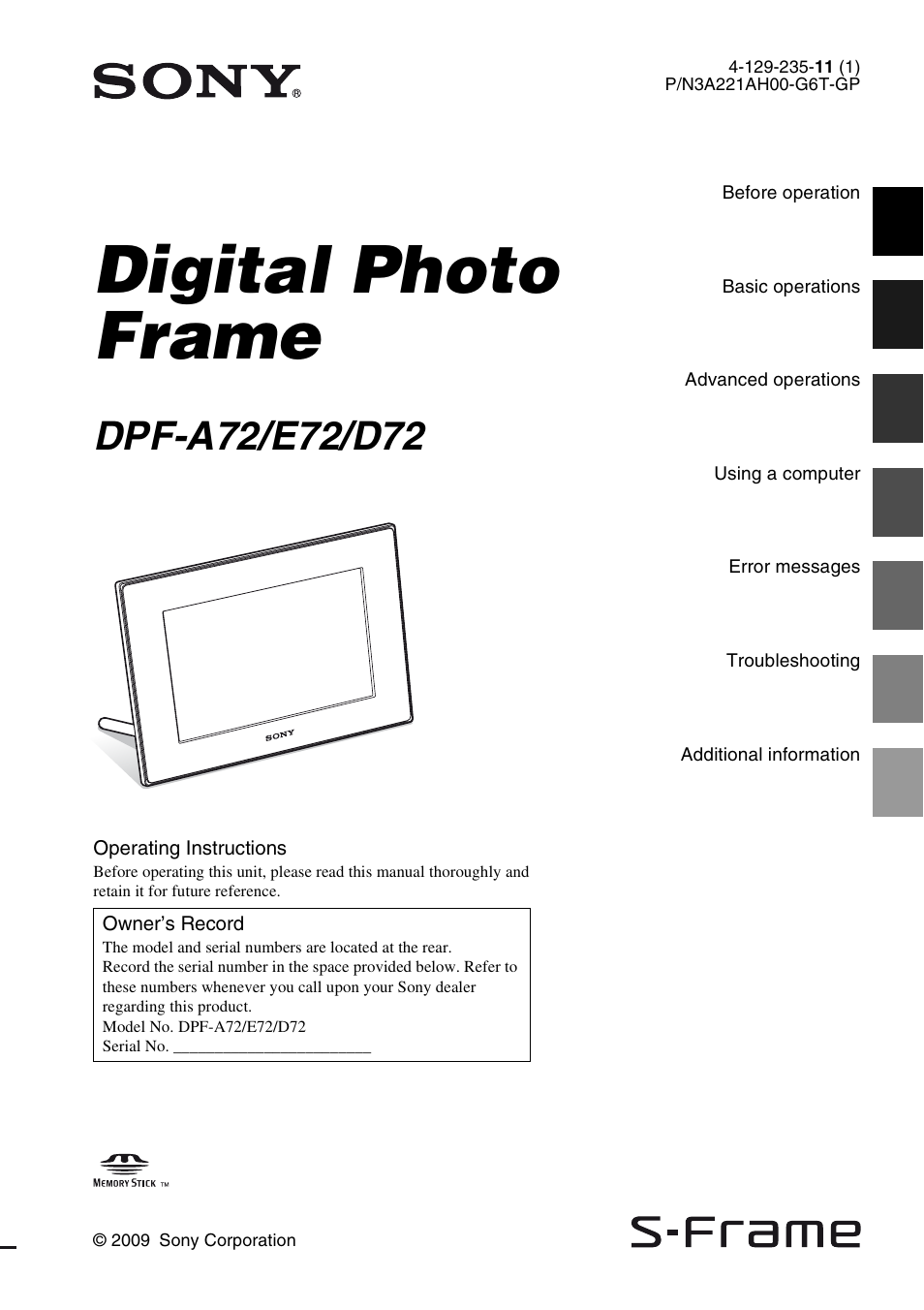 Sony S-FRAME DPF-A72/E72/D72 User Manual | 64 pages