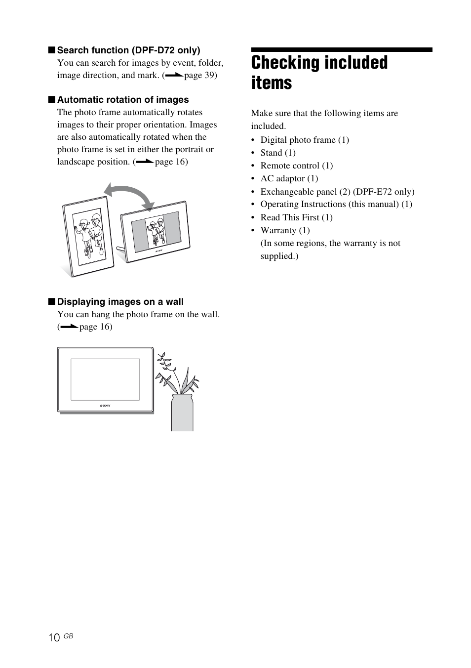 Checking included items | Sony S-FRAME DPF-A72/E72/D72 User Manual | Page 10 / 64