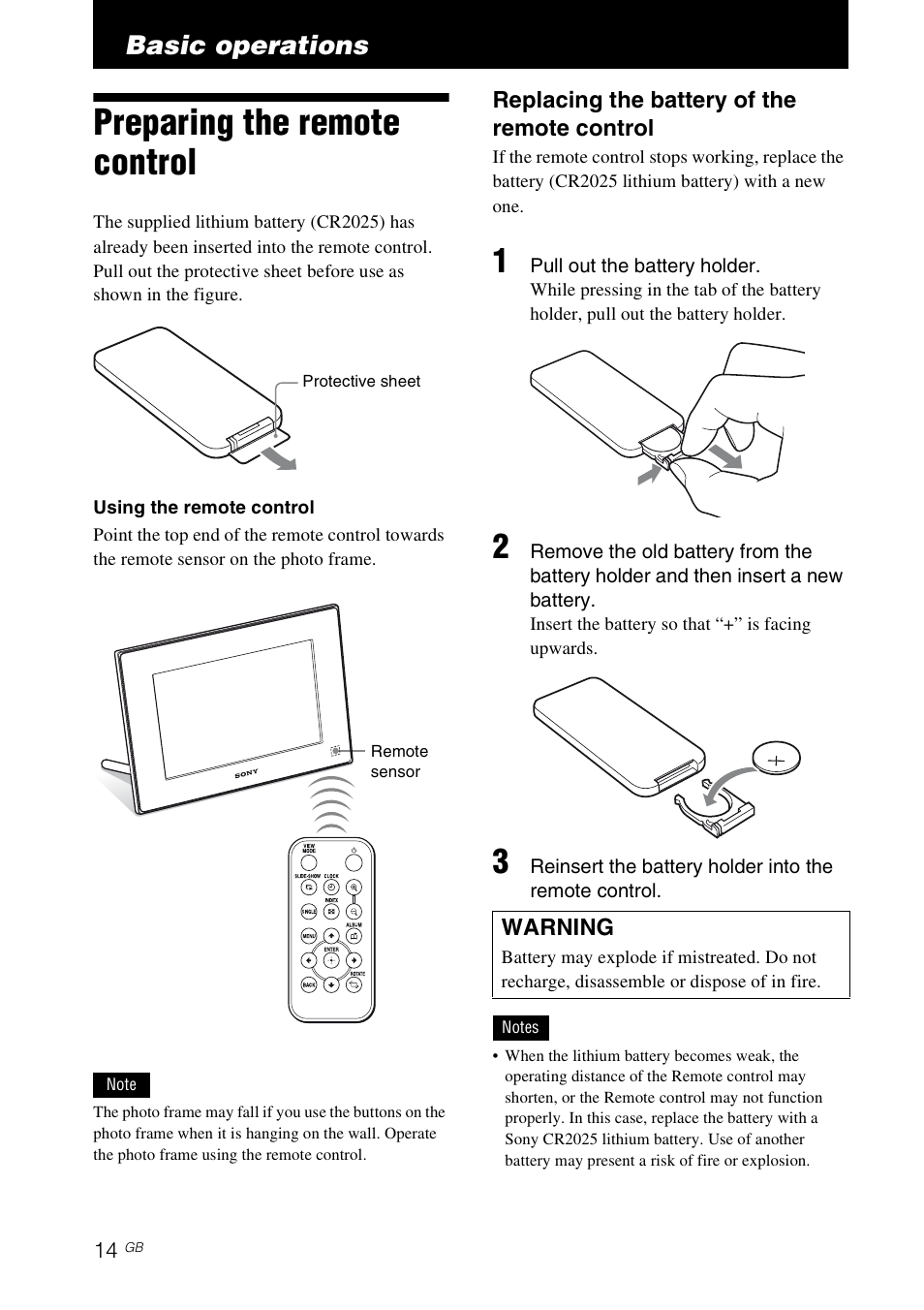 Basic operations, Preparing the remote control | Sony S-FRAME DPF-A72/E72/D72 User Manual | Page 14 / 64