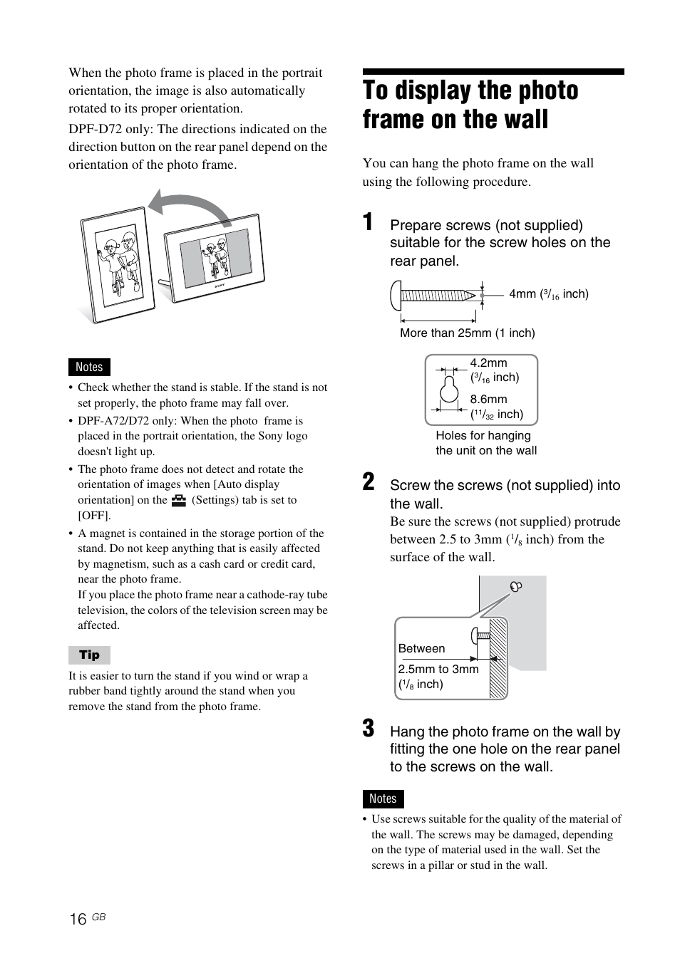 To display the photo frame on the wall | Sony S-FRAME DPF-A72/E72/D72 User Manual | Page 16 / 64