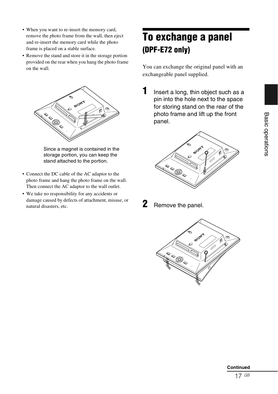 To exchange a panel (dpf-e72 only), Dpf-e72 only) | Sony S-FRAME DPF-A72/E72/D72 User Manual | Page 17 / 64