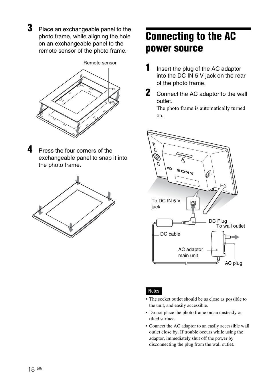 Connecting to the ac power source | Sony S-FRAME DPF-A72/E72/D72 User Manual | Page 18 / 64