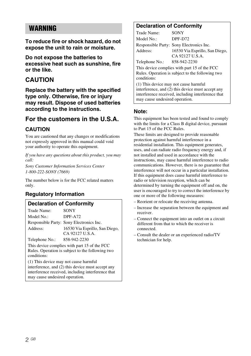 Warning, Caution, For the customers in the u.s.a | Sony S-FRAME DPF-A72/E72/D72 User Manual | Page 2 / 64