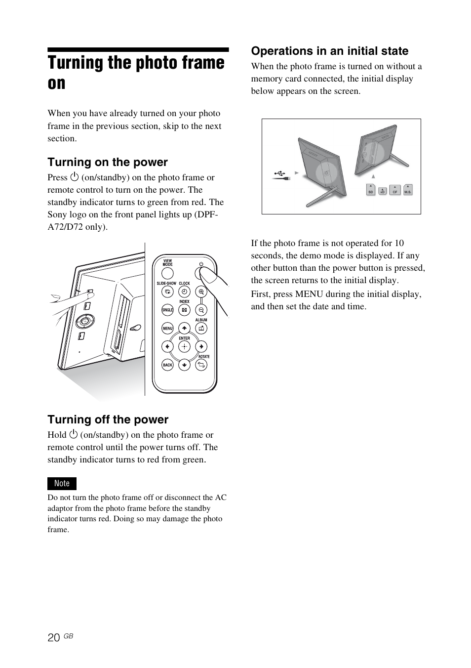 Turning the photo frame on | Sony S-FRAME DPF-A72/E72/D72 User Manual | Page 20 / 64