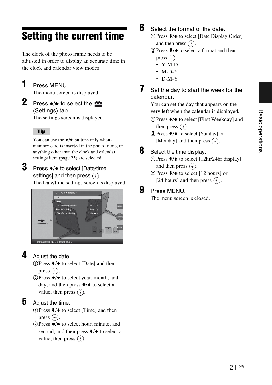 Setting the current time | Sony S-FRAME DPF-A72/E72/D72 User Manual | Page 21 / 64