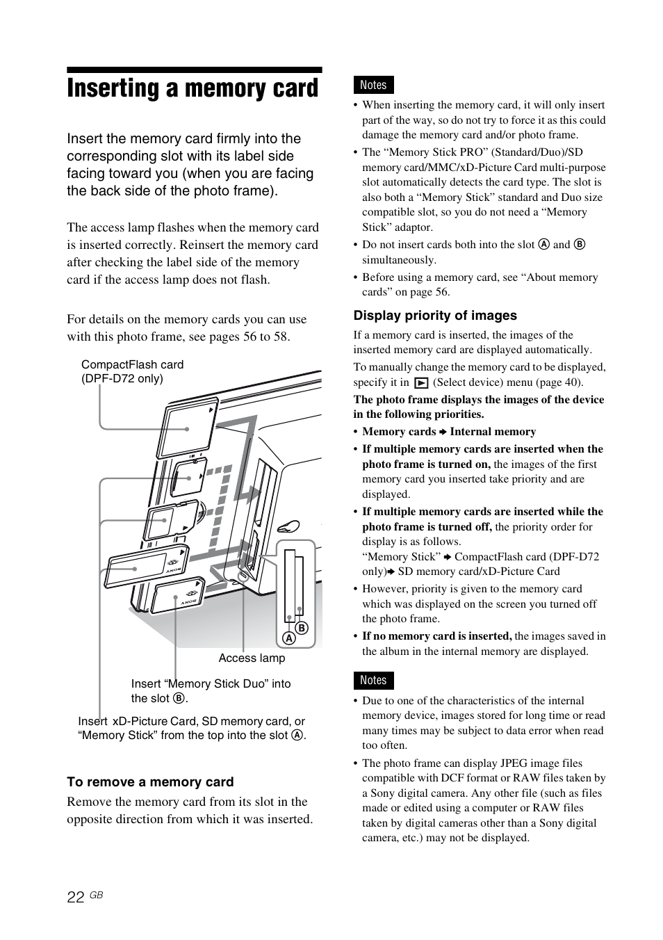 Inserting a memory card | Sony S-FRAME DPF-A72/E72/D72 User Manual | Page 22 / 64