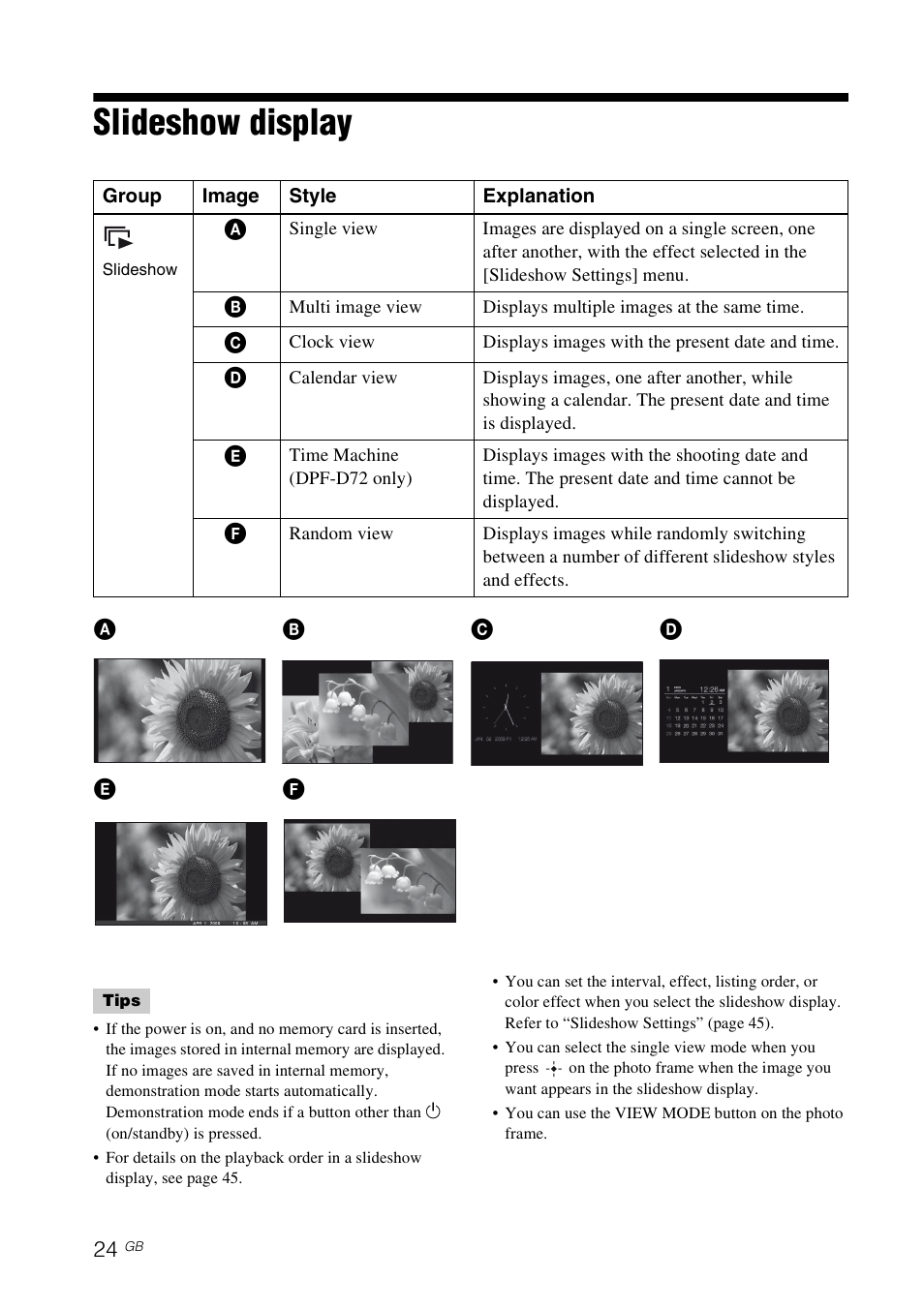 Slideshow display | Sony S-FRAME DPF-A72/E72/D72 User Manual | Page 24 / 64