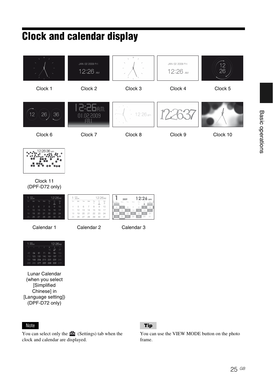 Clock and calendar display | Sony S-FRAME DPF-A72/E72/D72 User Manual | Page 25 / 64