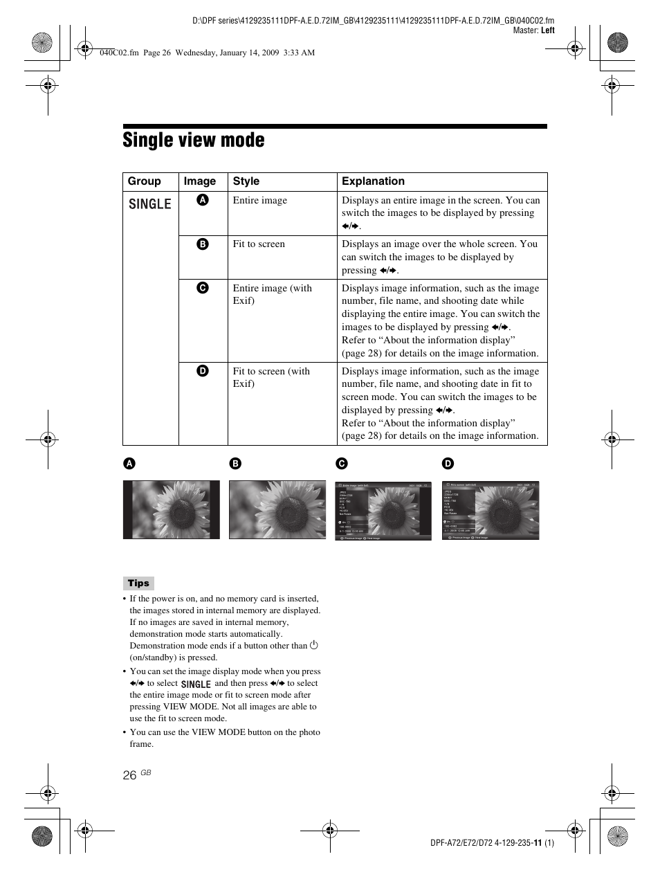 Single view mode | Sony S-FRAME DPF-A72/E72/D72 User Manual | Page 26 / 64