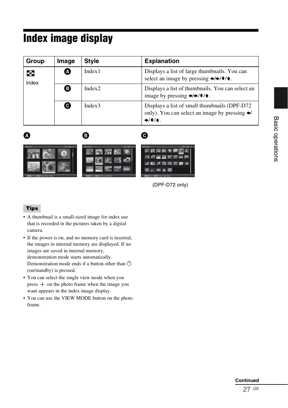 Index image display | Sony S-FRAME DPF-A72/E72/D72 User Manual | Page 27 / 64