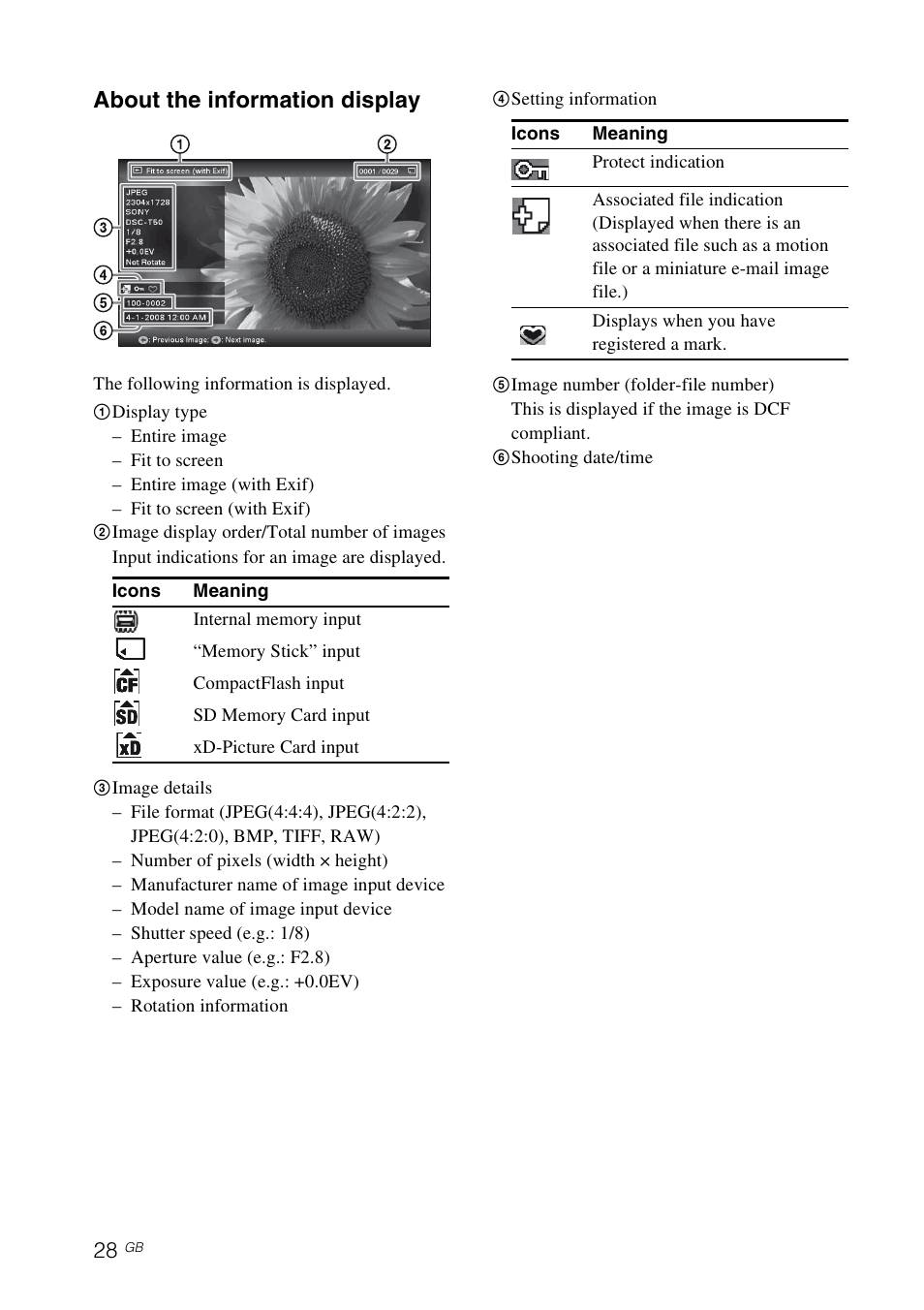 About the information display | Sony S-FRAME DPF-A72/E72/D72 User Manual | Page 28 / 64