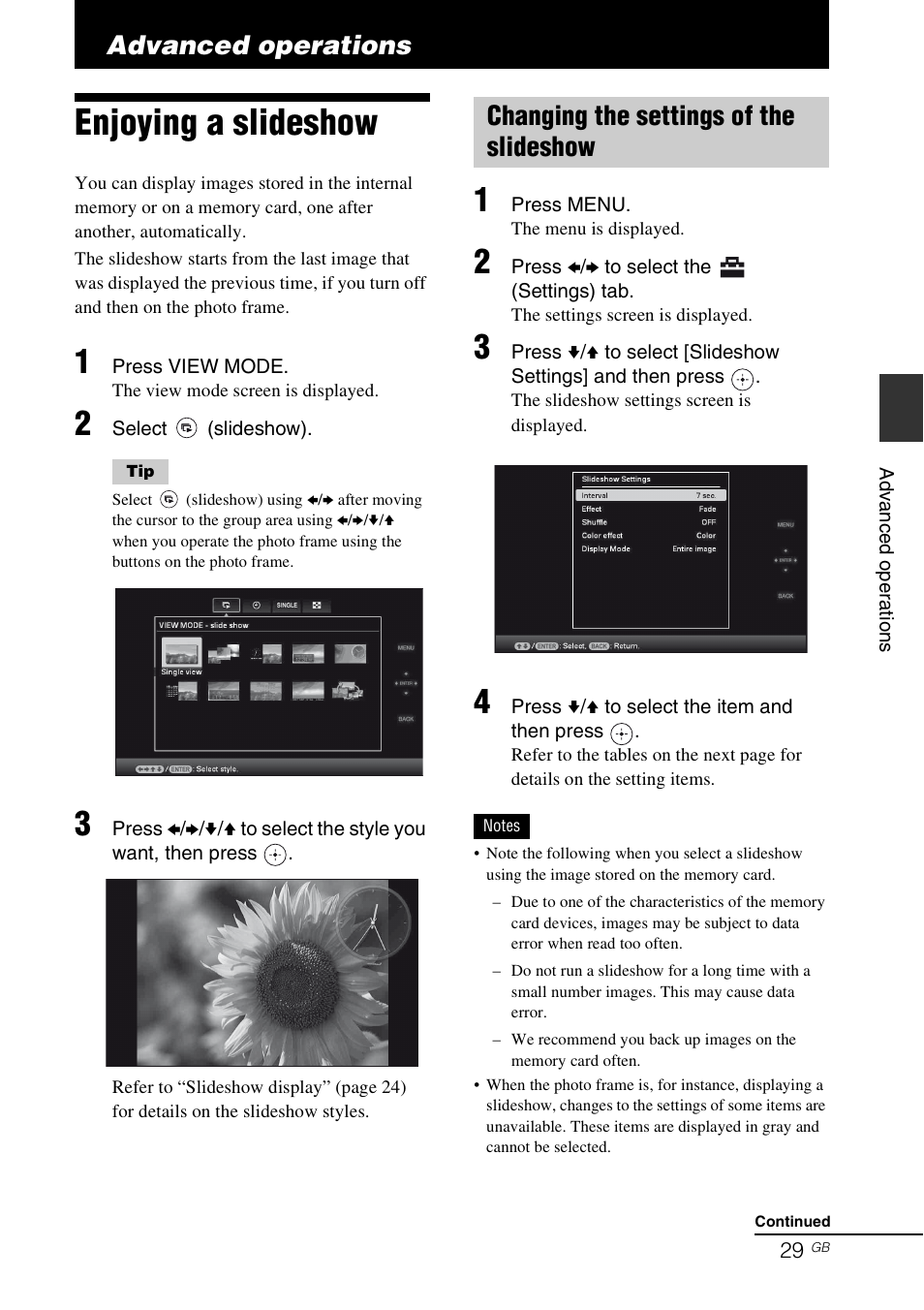 Advanced operations, Enjoying a slideshow, Changing the settings of the slideshow | Sony S-FRAME DPF-A72/E72/D72 User Manual | Page 29 / 64