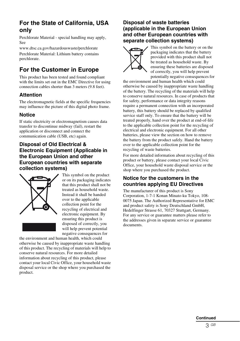 For the state of california, usa only, For the customer in europe | Sony S-FRAME DPF-A72/E72/D72 User Manual | Page 3 / 64