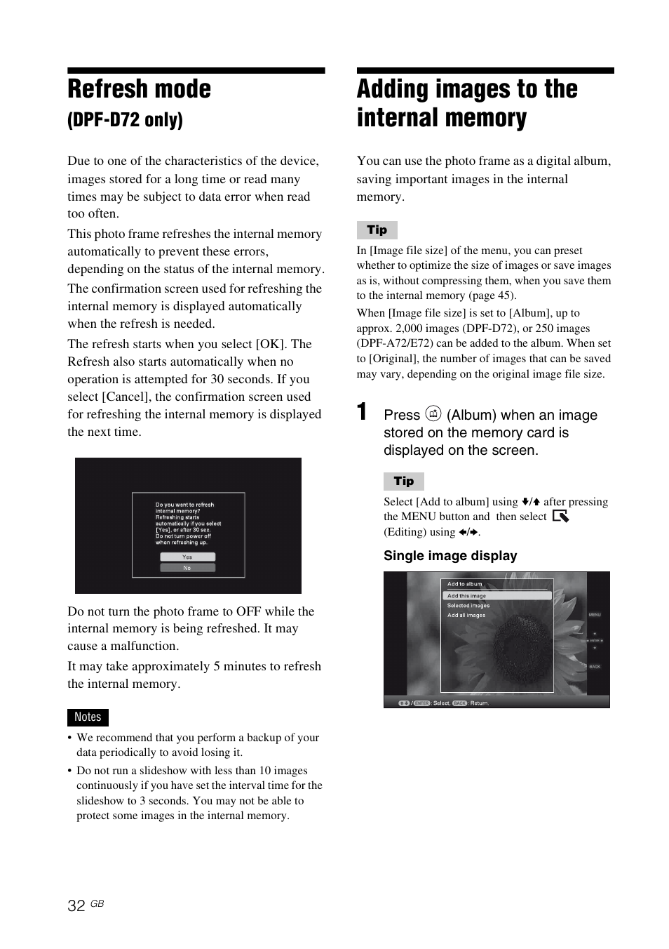 Refresh mode (dpf-d72 only), Adding images to the internal memory, Refresh mode | Dpf-d72 only) | Sony S-FRAME DPF-A72/E72/D72 User Manual | Page 32 / 64