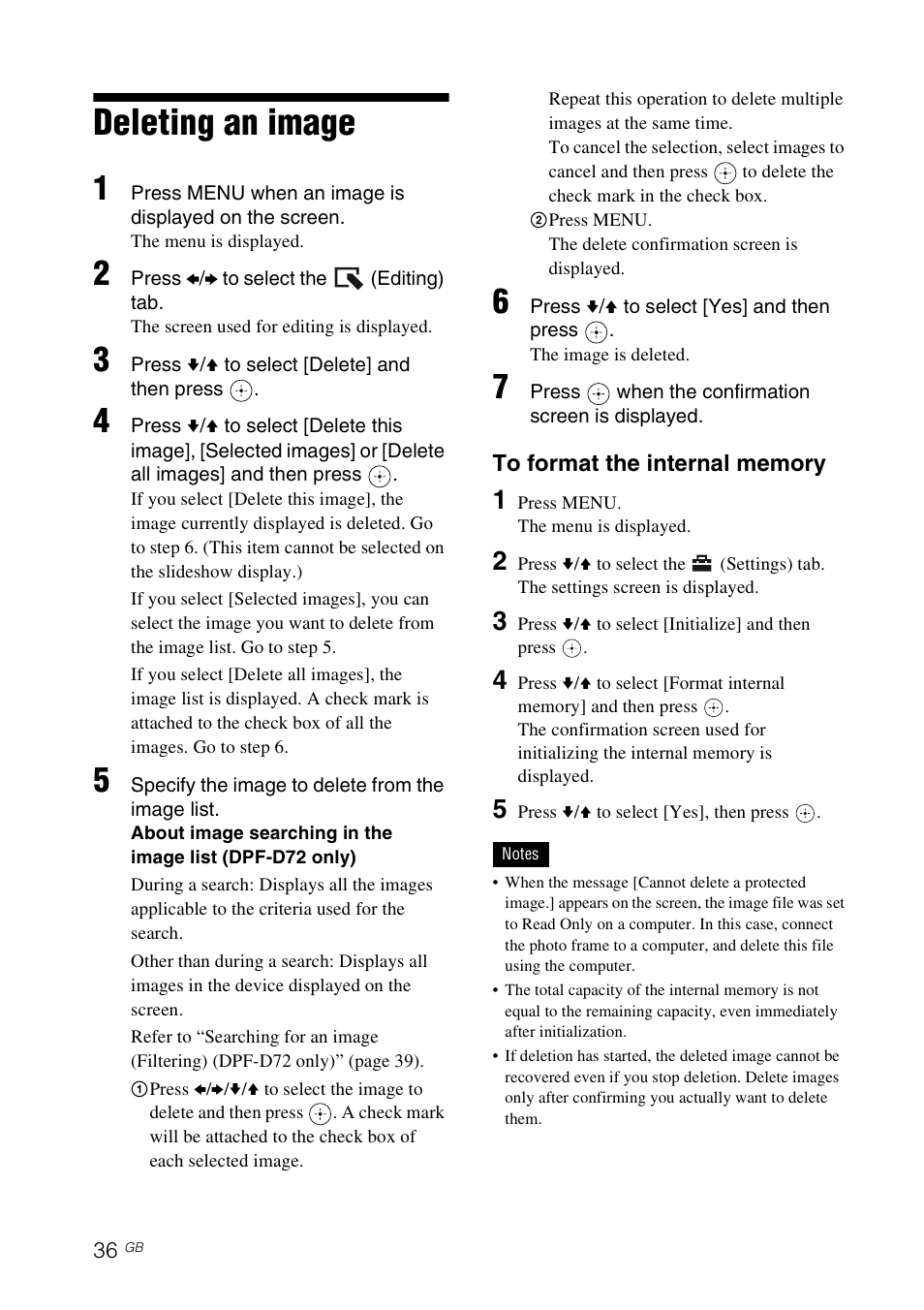 Deleting an image | Sony S-FRAME DPF-A72/E72/D72 User Manual | Page 36 / 64