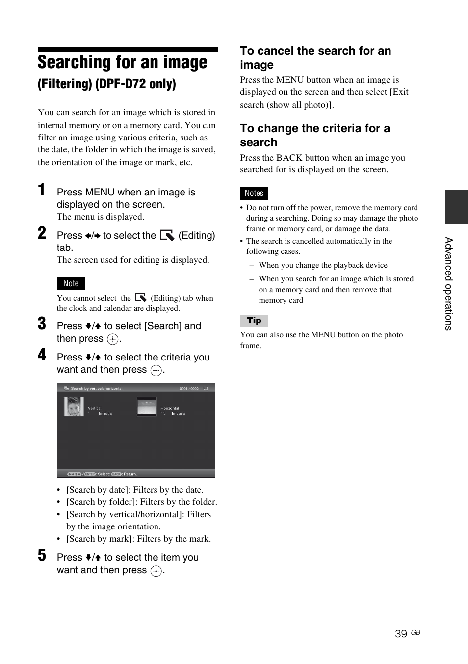 Searching for an image (filtering) (dpf-d72 only), Searching for an image, Filtering) (dpf-d72 only) | Sony S-FRAME DPF-A72/E72/D72 User Manual | Page 39 / 64